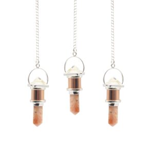 Elegant copper pendulum featuring clear quartz and sunstone stones.