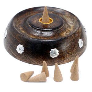 Handmade mango wood incense cone and stick burner with unique design.