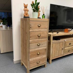 Hand-crafted tall chest of five drawers made from upcycled teak wood.