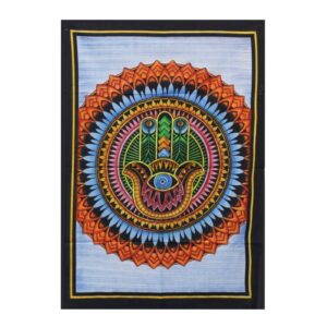 Handbrushed cotton wall art featuring a vibrant Hamsa design.