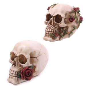 Gothic skull adorned with roses, perfect for Halloween or home decor.