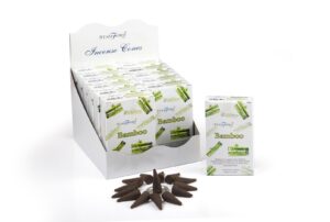 Pack of Stamford Premium Bamboo Incense Cones with a metal holder for home fragrance.