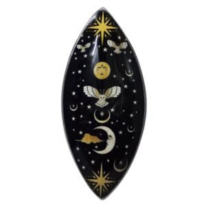 Enamel incense bowl featuring a mystical owl design with moons and stars.