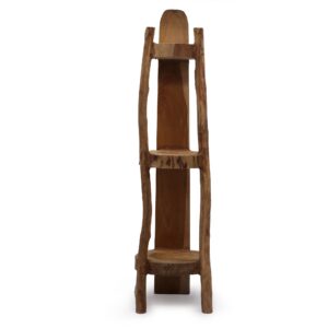 Natural teak corner unit with three shelves, perfect for stylish storage solutions.