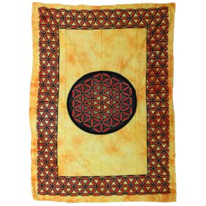 Orange Flower of Life bedspread and wall hanging for home decor.