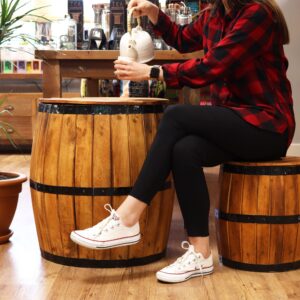 Natural wood beer barrel stool with dark metal-style bands for rustic decor.