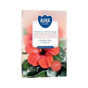Set of 6 tealights in Hibiscus and White Sage fragrance for a calming atmosphere.
