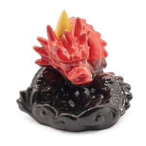 Small Red Dragon backflow incense burner with smoke flowing down around it.