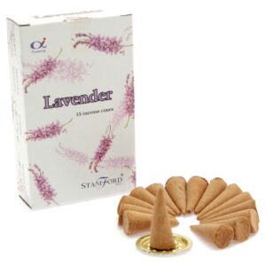 Pack of Stamford Premium Lavender Incense Cones with a metal holder for relaxation.
