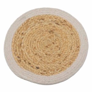Natural jute and cotton place mat with ivory border for dining decor.