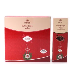 Ishom Smudge Incense featuring White Sage and Rose for a calming atmosphere.