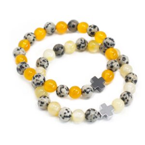 Set of two stretch friendship bracelets featuring Dalmatian Jasper and Yellow Agate.