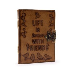 Handmade leather journal with embossed birds and stars, featuring a clasp.
