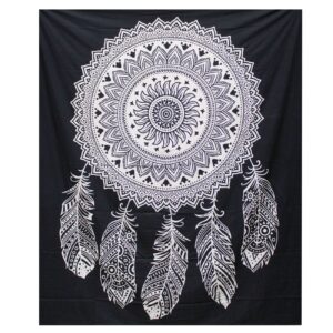 Handcrafted black and white cotton bedspread featuring a dreamcatcher design.