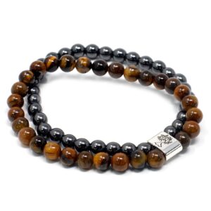 Magnetic bracelet featuring tiger eye gemstones on elastic band.