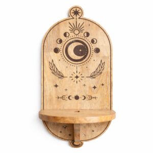 Wooden wall shelf with moon phase and tree carvings, perfect for decor.