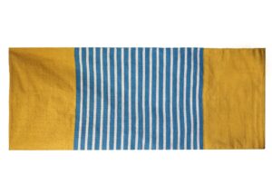 Yellow and blue Indian cotton rug, perfect for yoga or home decor.