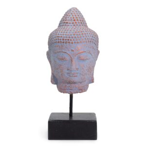 Stillness Buddha head on stand in blue copper finish for tranquil decor.