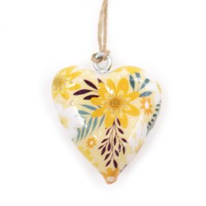 Large wooden heart decor featuring a vibrant yellow floral design.