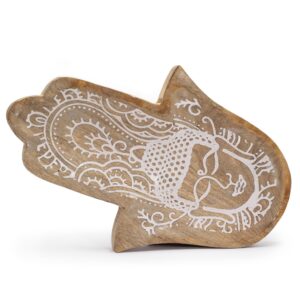 Hamsa-shaped long tray with a whitewash finish featuring a Buddha design.