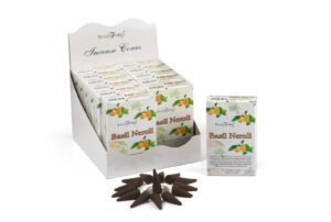 Basil & Neroli incense cones with a metal holder for home fragrance.