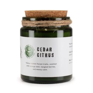 Greenman Woodwick Soy Candle with Cedar Citrus scent in a stylish jar.
