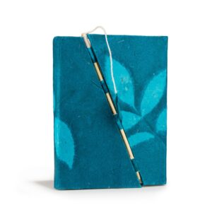 Midnight blue Lokta notebook with a floral pattern and bamboo lock.