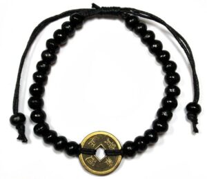 Black Good Luck Feng Shui Bracelet with wooden beads and coins of fortune.