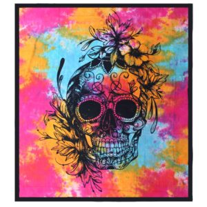 Colourful Day of the Dead skull bedspread and wall hanging in a vibrant design.