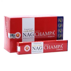 Golden Nag Champa incense sticks in a decorative packaging.