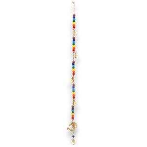 Brass OM chimes with colourful chakra beads, perfect for creating a calming atmosphere.