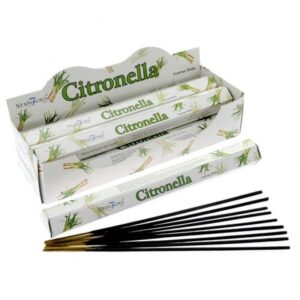 Hexagonal citronella incense sticks for a calming atmosphere.