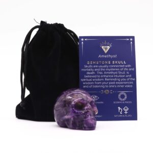 Large amethyst gemstone skull, symbolising introspection and elegance.