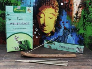 Vedic incense sticks with a calming white sage fragrance in a decorative box.