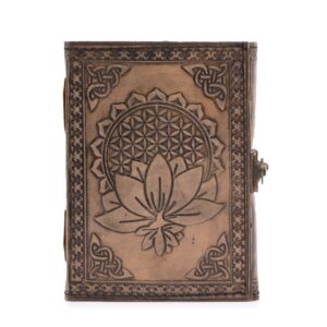 Antique grey Lotus Mandala notebook with 200 pages and stitched edge.