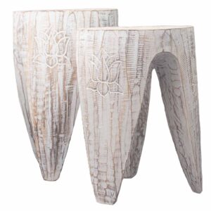 Stylish interlocking table and stool set in whitewash finish for versatile home use.