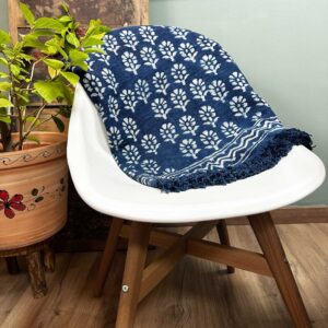 Handmade indigo throw featuring Chhota Flower design, perfect for home decor.