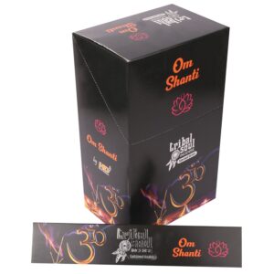 Ceramic holder with incense sticks labelled 'Ohm Shanti' for a calming atmosphere.