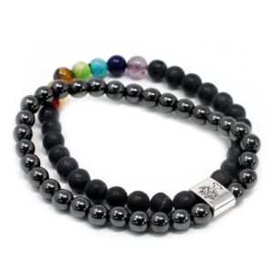 Elegant black gemstone bracelet featuring various stones on elastic band.