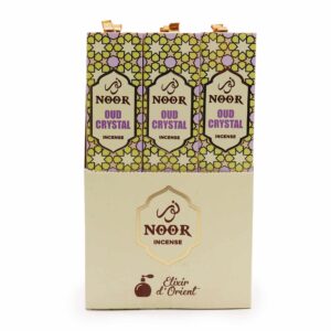 Noor Oud Incense sticks in a decorative box with crystals.