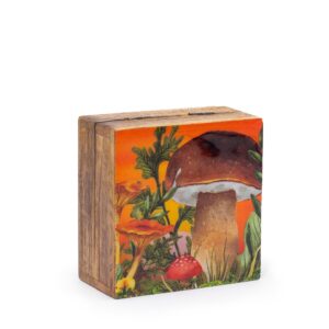Maroon small enameled square box with a mushroom design, perfect for storage.