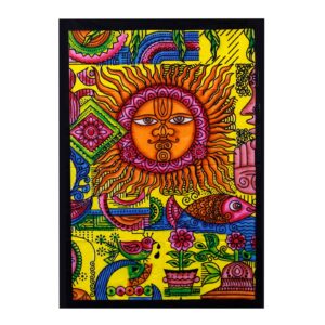 Handbrushed cotton wall art featuring a vibrant sun design.