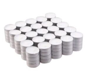 Pack of 100 unscented tealight candles for a calming ambiance.