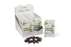 Citronella and lemongrass incense cones with a metal holder for home fragrance.