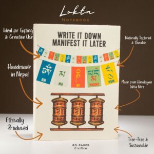 Large Lokta notebook with a vibrant prayer flag design and motivational message.