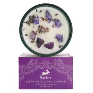 Hop Hare Crystal Magic Flower Candle featuring Amethyst and lavender flowers.