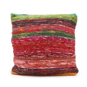 Multicoloured rag rug cushion cover adding a vibrant touch to home decor.