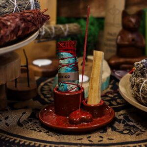 Glossy red Palo Santo stick and smudge holder with heart detail