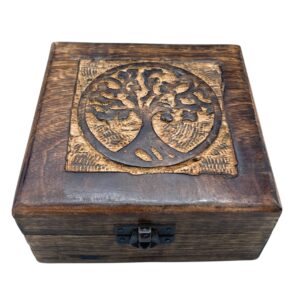 Hand-carved wooden keepsake box featuring a Tree of Life design.