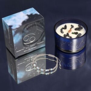 Zodiac Crystal Candle with a gemstone bracelet for Cancer sign in calming colours.